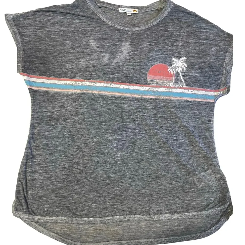 C&C California Heather Gray Palm Tree Cap Sleeve Relaxed Surf Tee Medium - Picture 2 of 9